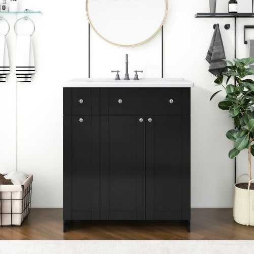 30 Inches  Black Bathroom Vanity With Ceramic Sink Combo, Rich Storage