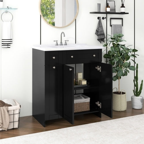 30 Inches  Black Bathroom Vanity With Ceramic Sink Combo, Rich Storage