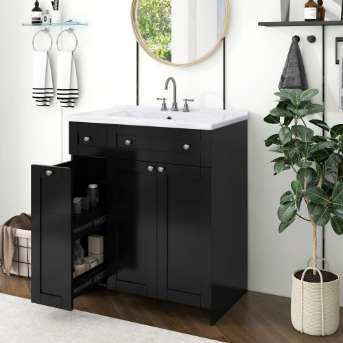 30 Inches  Black Bathroom Vanity With Ceramic Sink Combo, Rich Storage