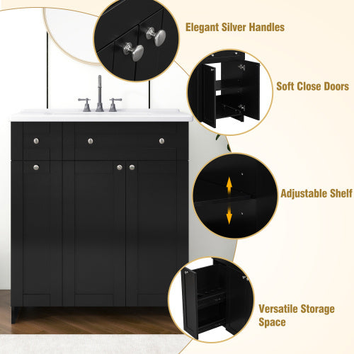 30 Inches  Black Bathroom Vanity With Ceramic Sink Combo, Rich Storage