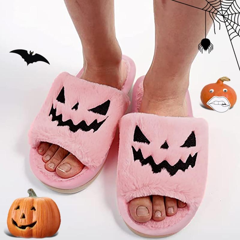 Halloween Pumpkin Fuzzy Slippers Soft Plush Cozy Open Toe Women Slides