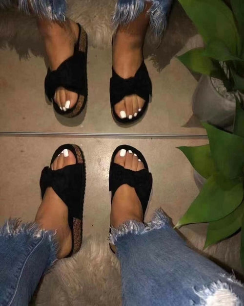 Women Slides 1 Straps Comfy Bow Slide Sandals Black