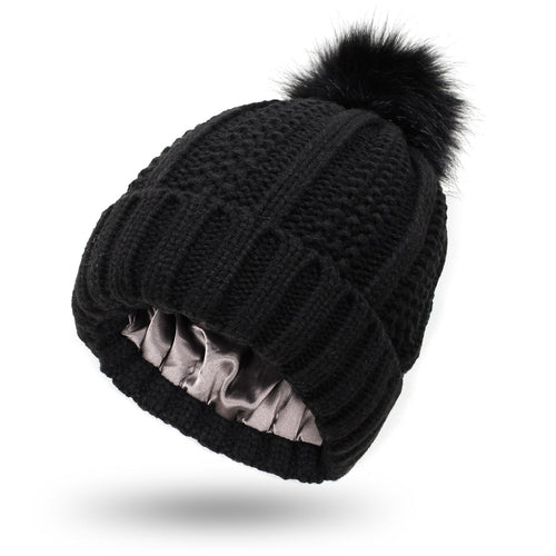 Fashion Stretchy Satin Lined Skull Knit Hats Beanie Hat For Women Faux