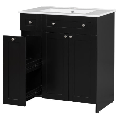 30 Inches  Black Bathroom Vanity With Ceramic Sink Combo, Rich Storage