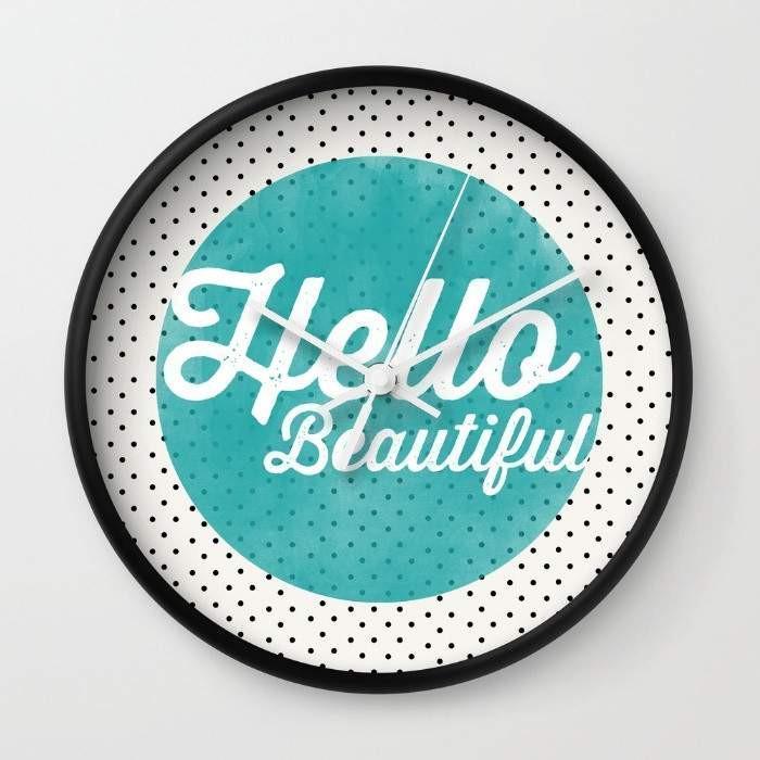 Hello Beautiful Teal Dots typography Wall clock